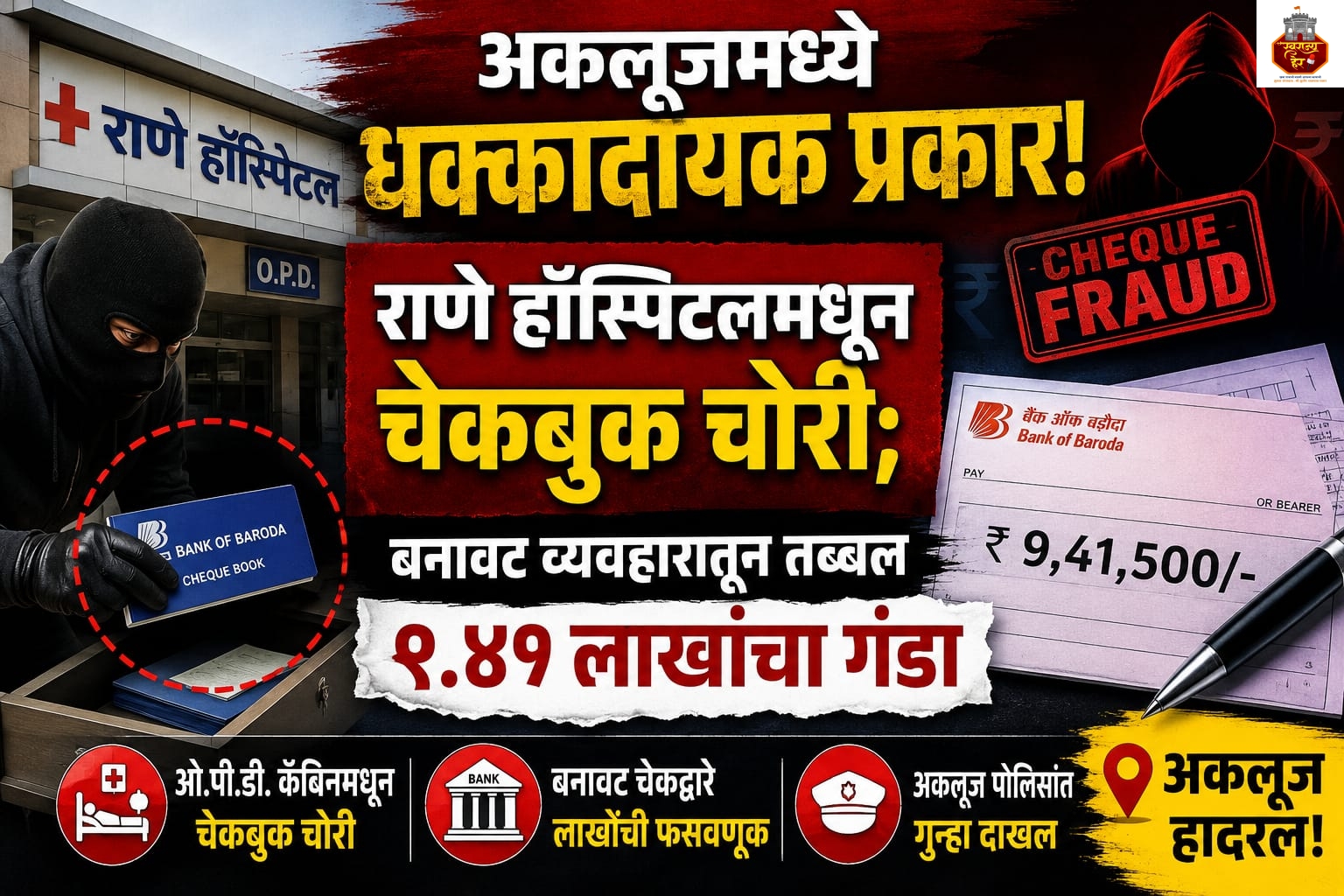 अकलूजमध्ये धक्कादायक प्रकार! राणे हॉस्पिटलमधून चेकबुक चोरी; बनावट व्यवहारातून तब्बल ९.४१ लाखांचा गंडा