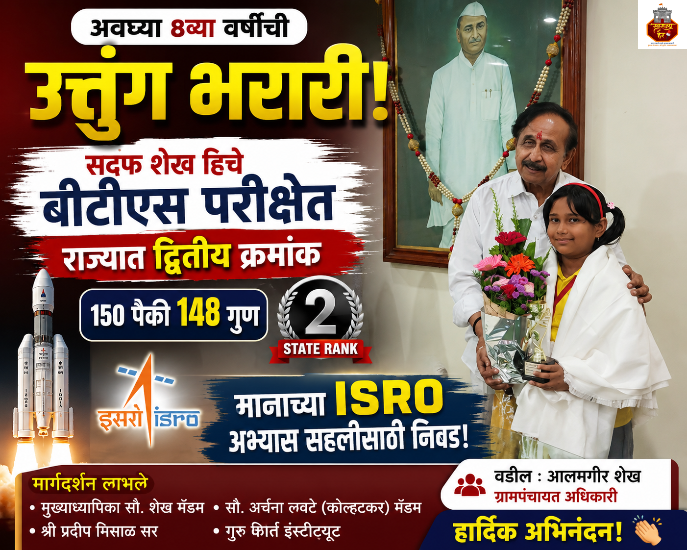 सदफ शेखची बीटीएस परीक्षेत राज्यात द्वितीय क्रमांक; इस्रो अभ्यास सहलीसाठी निवड